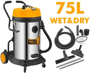 مكنسة برميل ستانلس 1200 * 2 واط 75 لتر لتنظيف رطب وجاف بجهد 220V-240V من انجكو